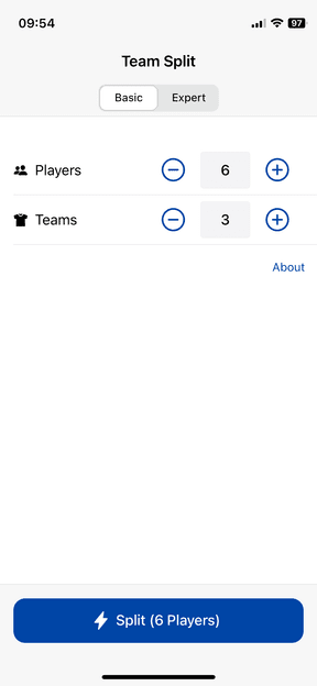 Team Split setup screen with player and team count