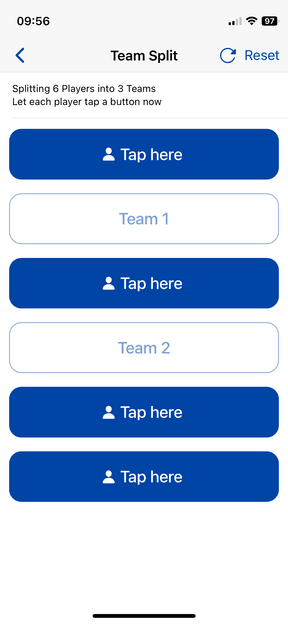 Six 'Tap here' buttons ready for each player